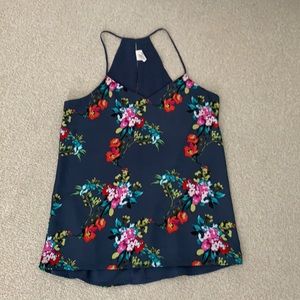 Blue V-Neck Spaghetti Top with Floral Print from Express (in XS)